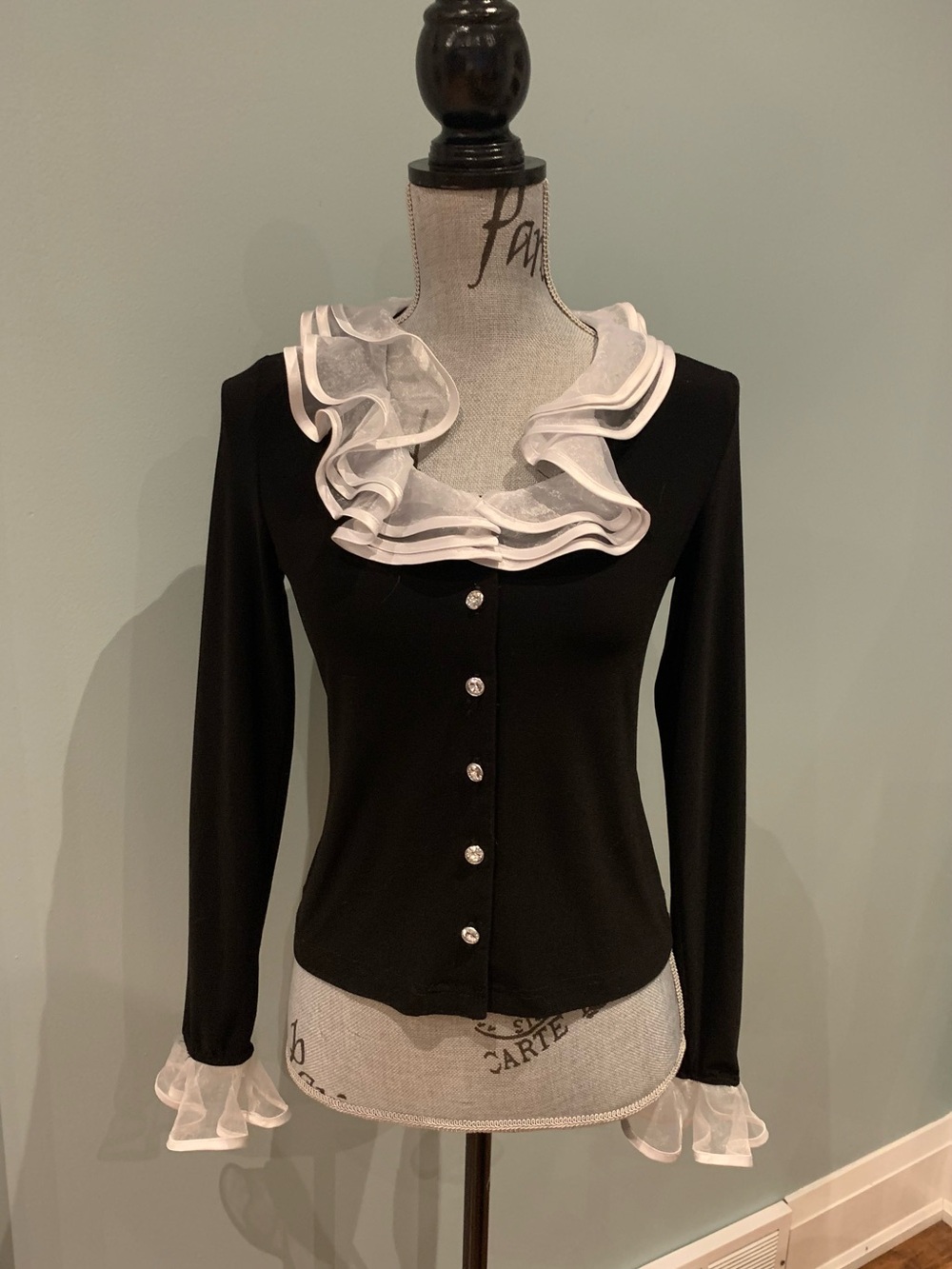 Joseph Ribkoff Black Button-Front Top with White Ruffle Trim